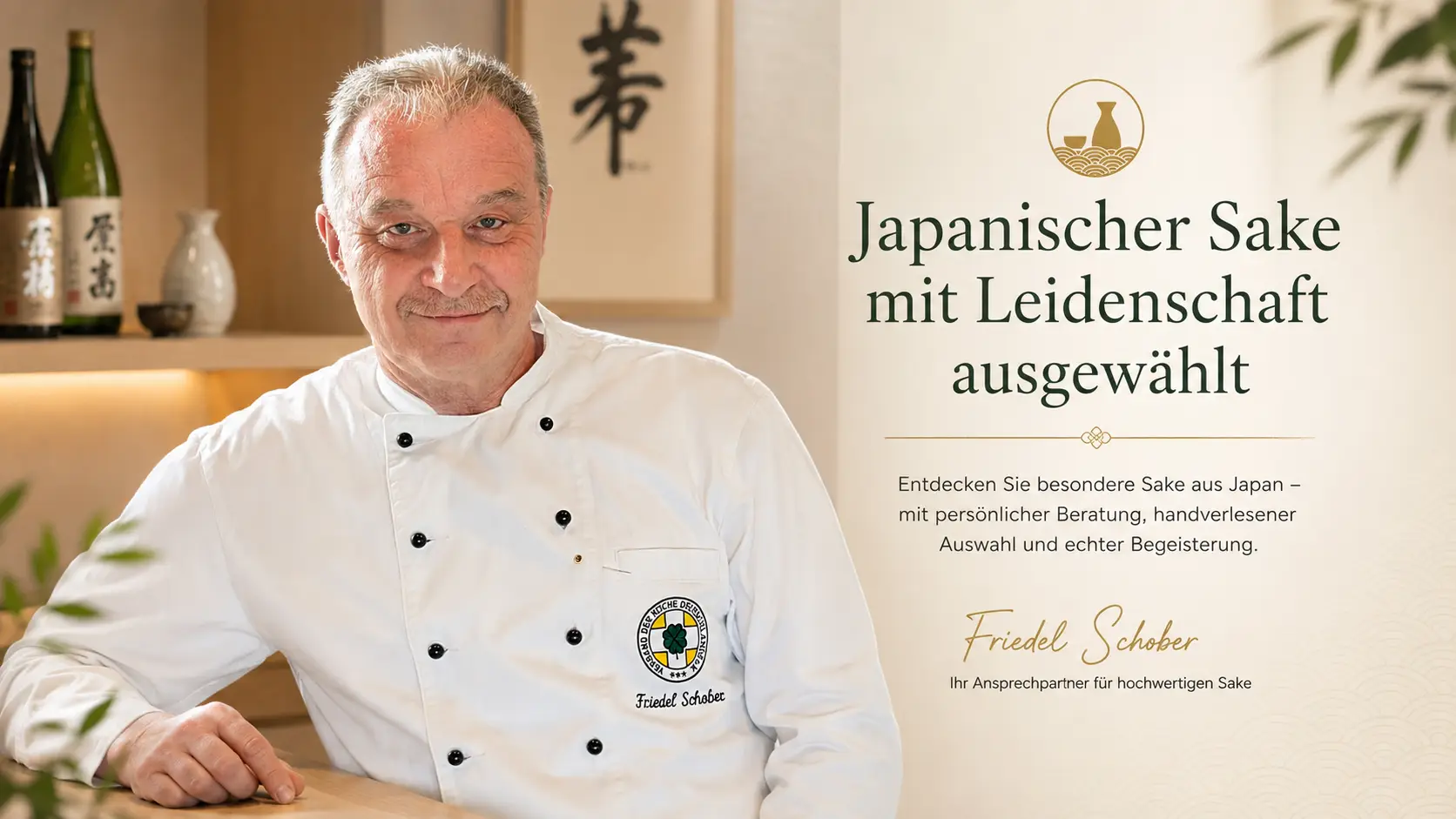 Friedel Schober Banner sitzend mit Text Japanischer Sake mit Leidenschaft ausgewählt