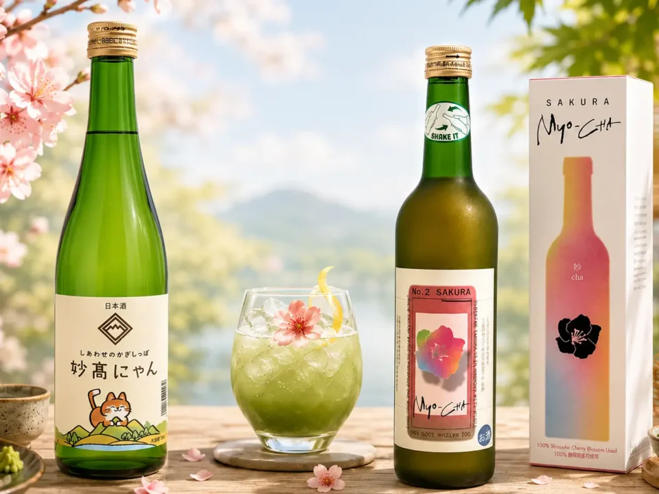 Myo-cha „Sakura-Matcha“ Likör und Myokonyan Junmai Sake sommerlich als Cocktail angerichtet